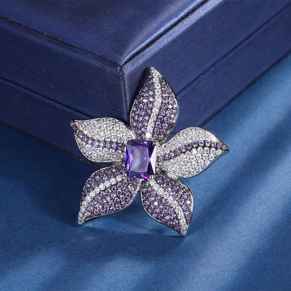 Five Petal Floral Silver Plated CZ Copper Anti Tarnish Brooch Wholesale Secondary image