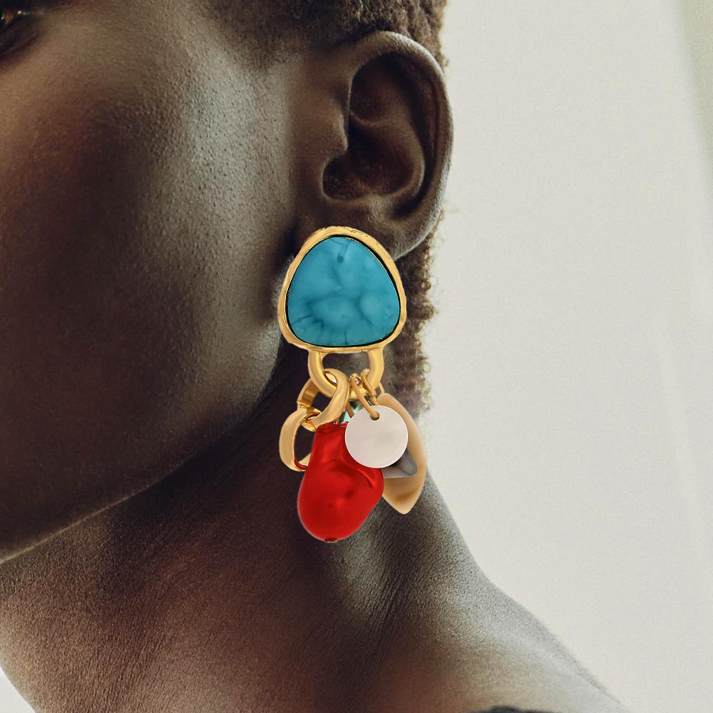 Turquoise Shell Gemstone Blue Red 18K Gold Dangler Earring Women Bulk