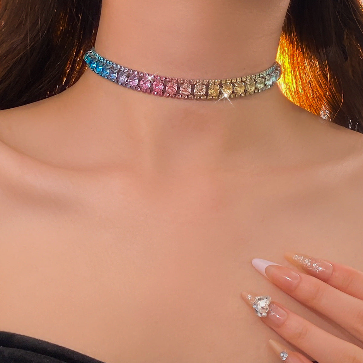 Multi Color Choker Tennis Silver Rhinestone Necklace Earring Set Bulk