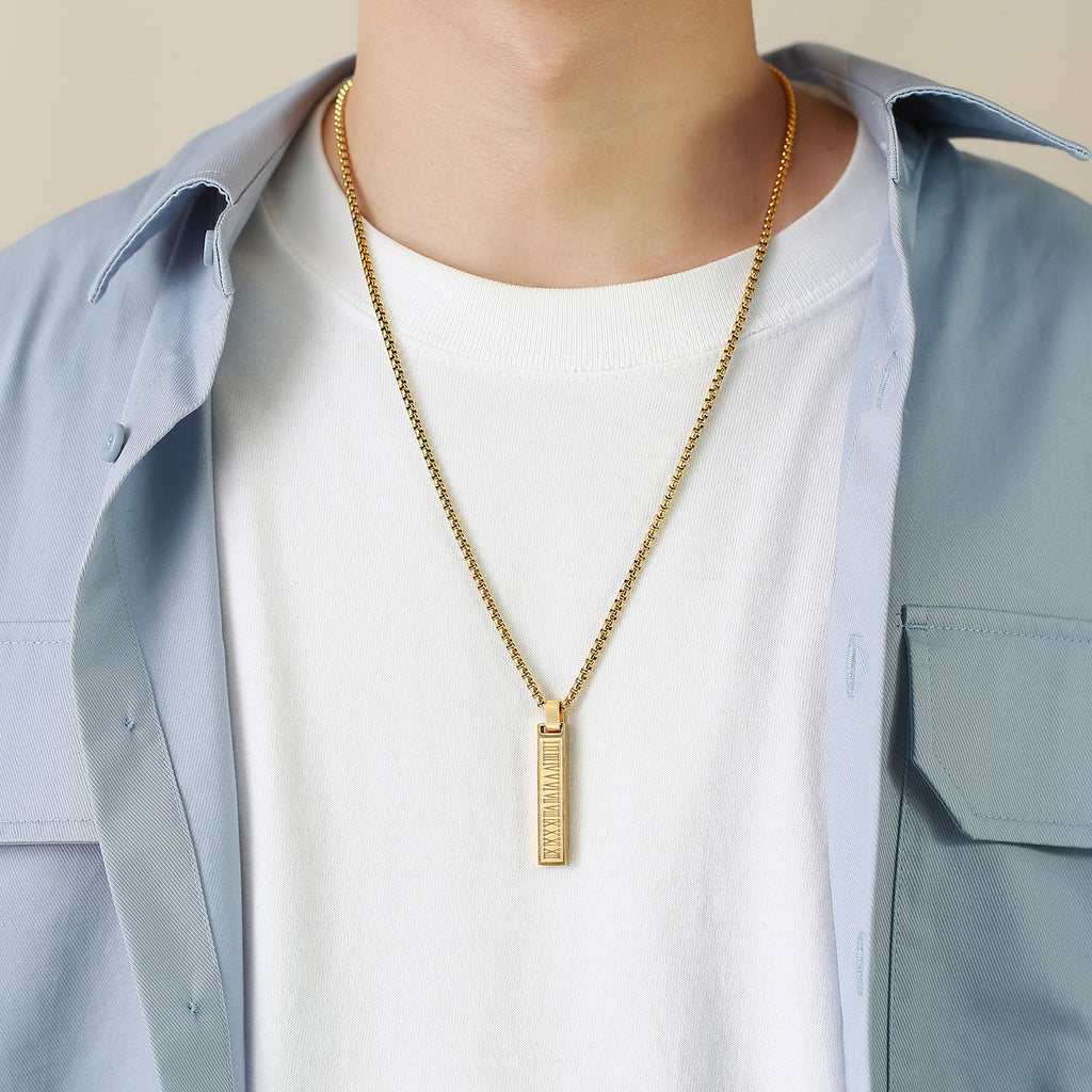 Roman Number Bar Id Gold Black Silver Atique Stainless Steel Popcorn Pendant Chain For Men