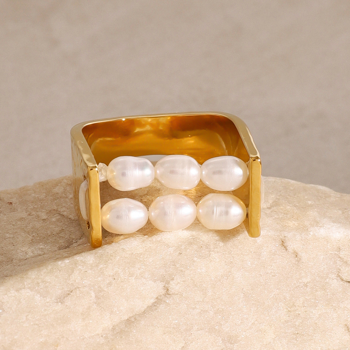 Geometric 18K Gold White Pearl Anti Tarnish Stainless Steel Ring Bulk
