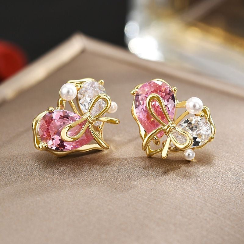 White Pink Heart Bow Gold Pearl Cubic Zirconia Stud Earrings Women Bulk