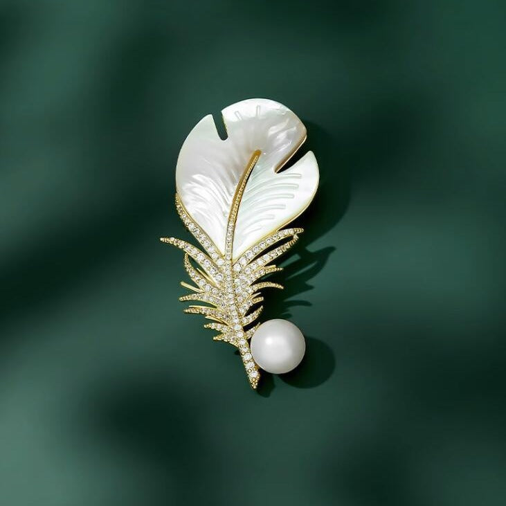 White Feather Gold Cubic Zirconia Copper Brooch For Women Bulk