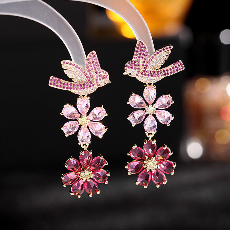 Floral Bird 18K Gold Pink Blue CZ Anti Tarnish Drop Earring Bulk