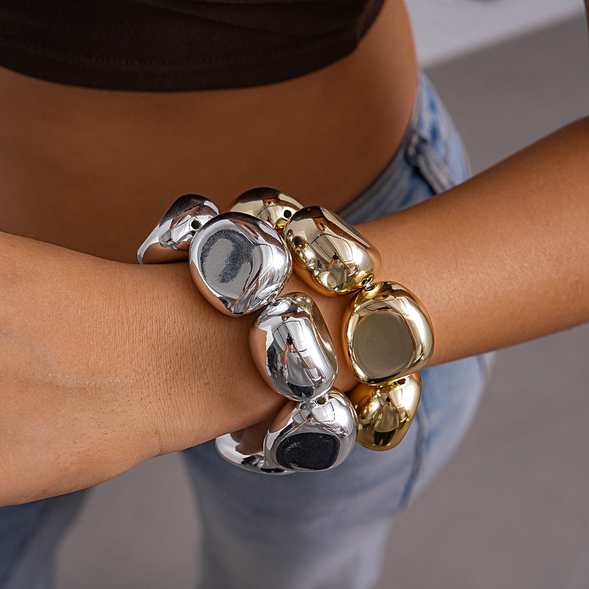 Designer Dual Tone Stretchable Gold Silver Plated Alloy Bracelet Bulk