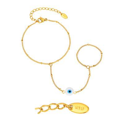 Bulk White Evil Eye Hand Chain Gold Beads Stainless Steel Ring-Bracelet