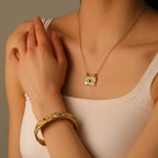 Green Evil Eye Gold CZ Stainless Steel Necklace & Cuff Bracelet Bulk
