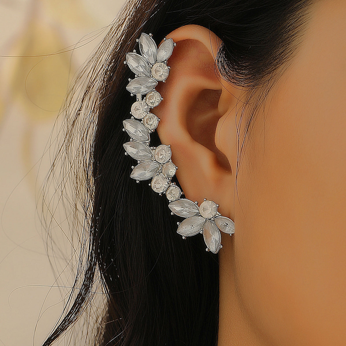 Elegant Floral Leaf Heart Gold Silver Rhinestone Left Ear Cuff Earrings Bulk