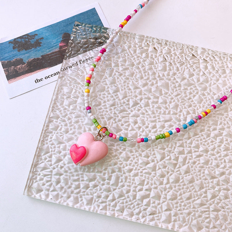 Pink Dual Heart Multicolour Beaded Silver Charm Necklace Kids Bulk Main image