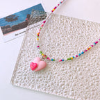 Pink Dual Heart Multicolour Beaded Silver Charm Necklace Kids Bulk