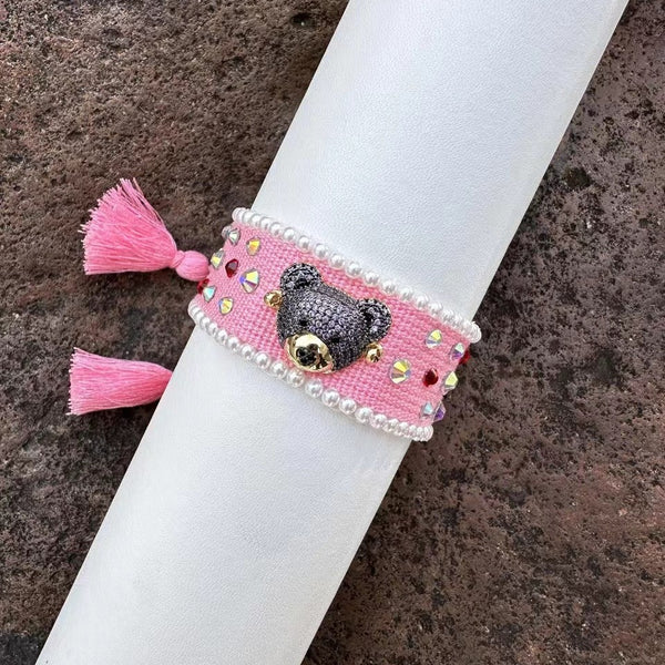 Teddy Bear Face Crystal Fabric Writ Band Threads Bracelet Bulk Secondary image