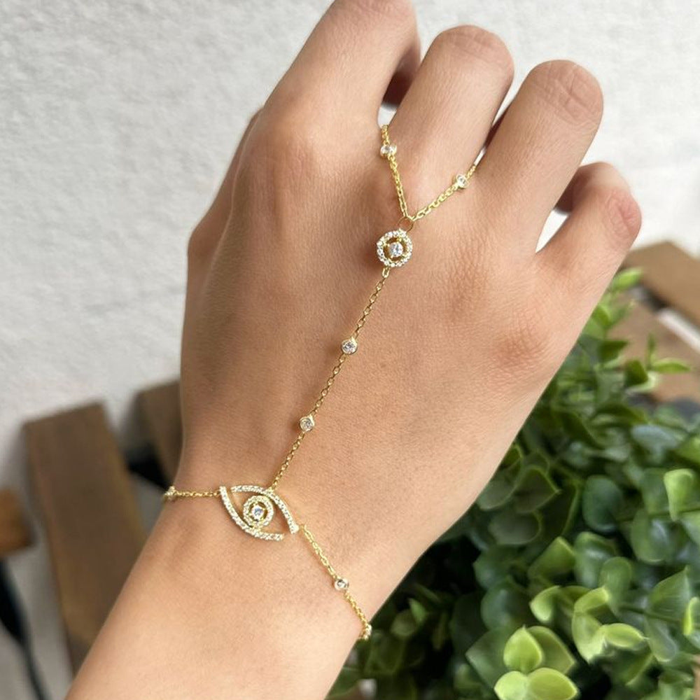 Luxury Evil Eye & Circle Charm Gold CZ Copper Hand Chain Bracelet Bulk