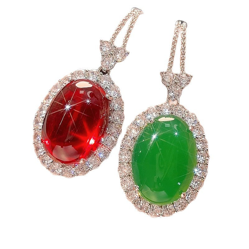 Red Green Classic Oval Cabochon Silver CZ Copper Pendant Chain Bulk