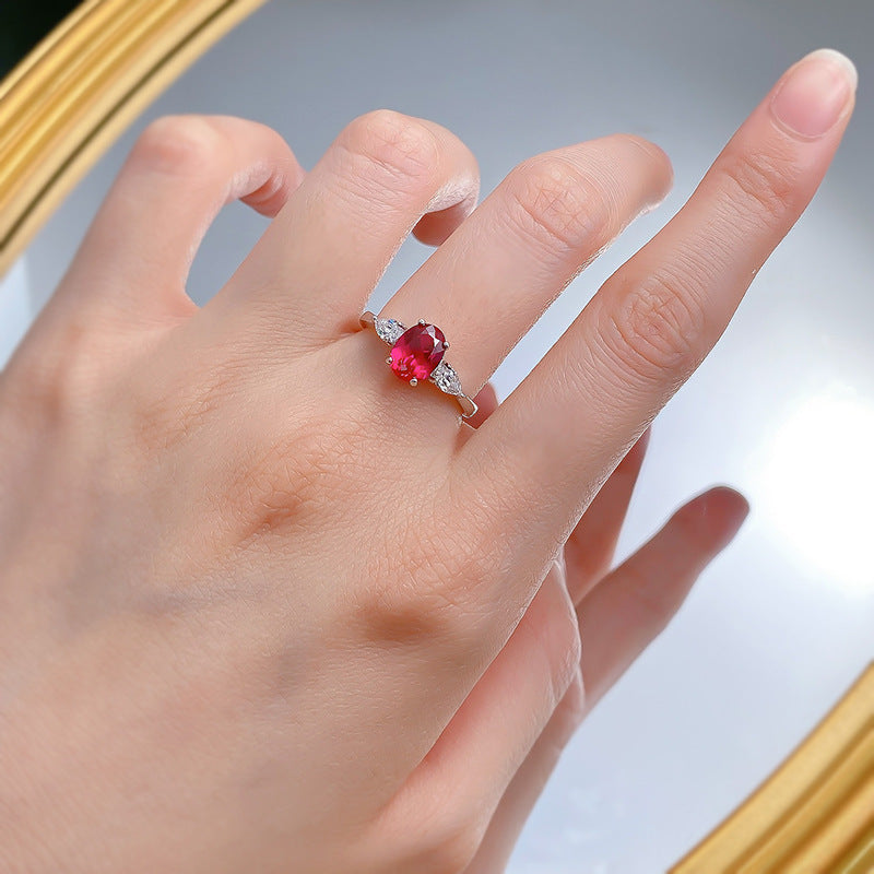 Luxury Oval Ruby Red Silver Plated CZ Solitaire Ring For Women Bulk