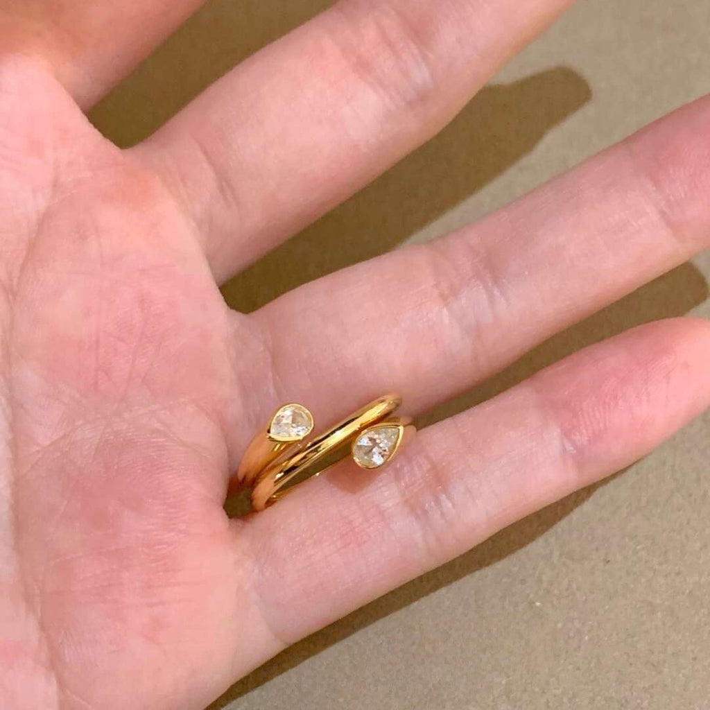 Gold Pear Oval Cubic Zirconia Copper Adjustable Ring For Women Bulk