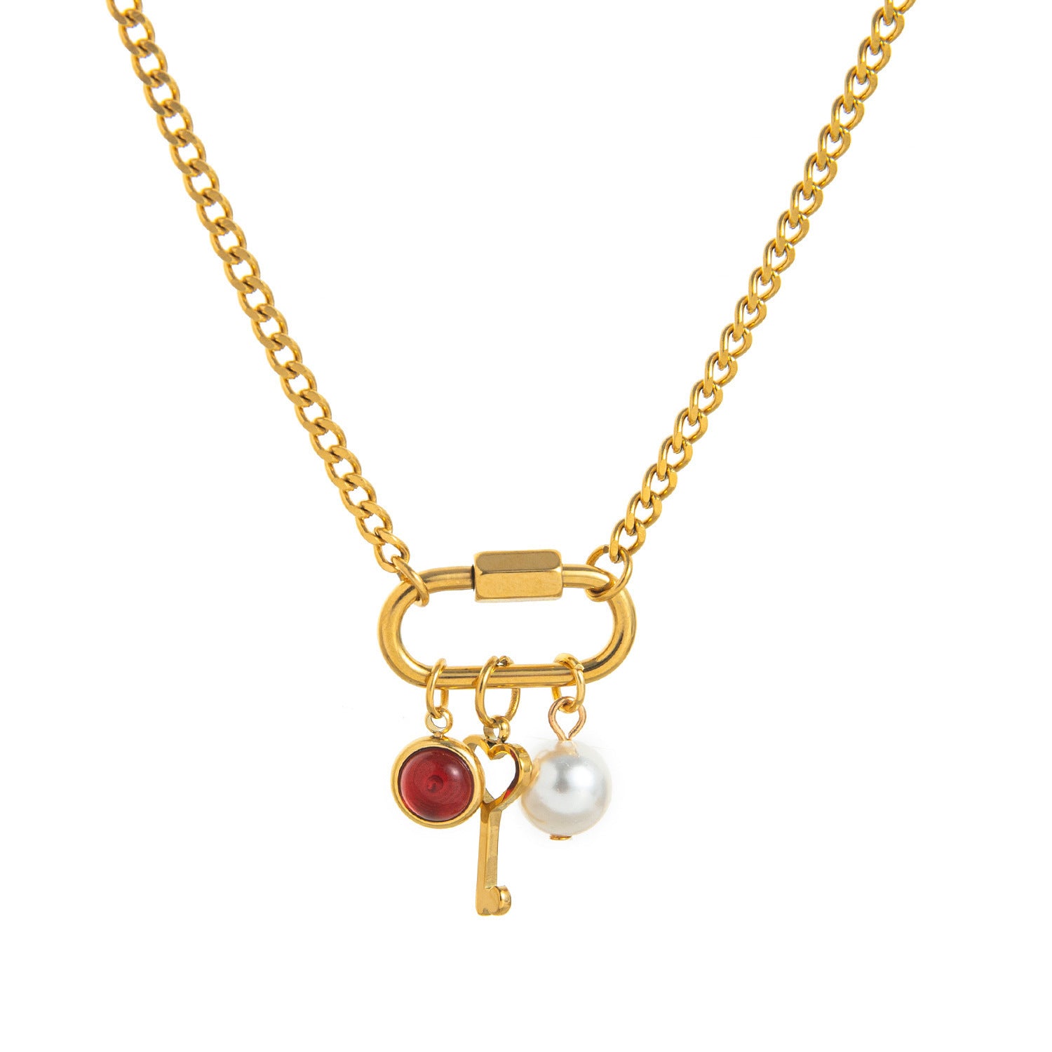 Multi Color Trendy Carabiner Charm Gold Plated CZ Copper Necklace Bulk