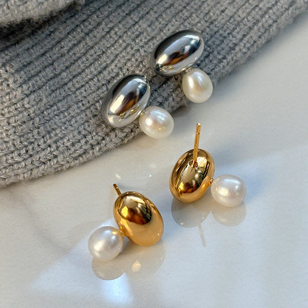 Gold Silver Oval Pearl  Anti Tarnish Copper Drop Earrings For Women Bulk Secondary image