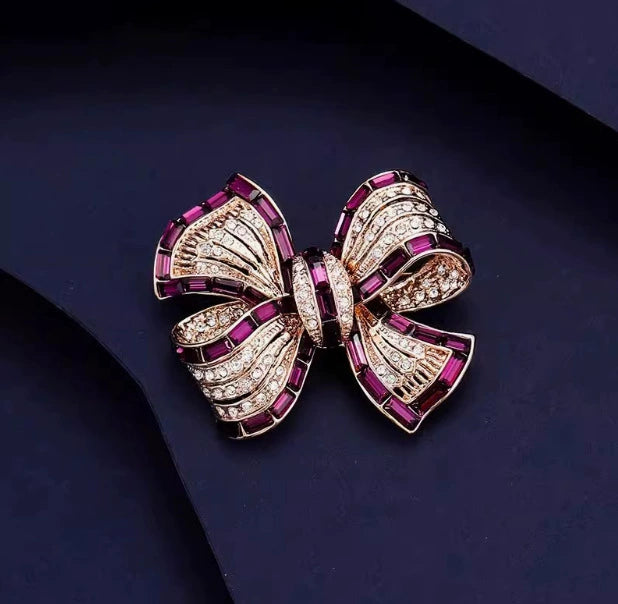 Bow Burgundy Baguette Rose Gold Silver CZ Enamel Copper Brooch Bulk