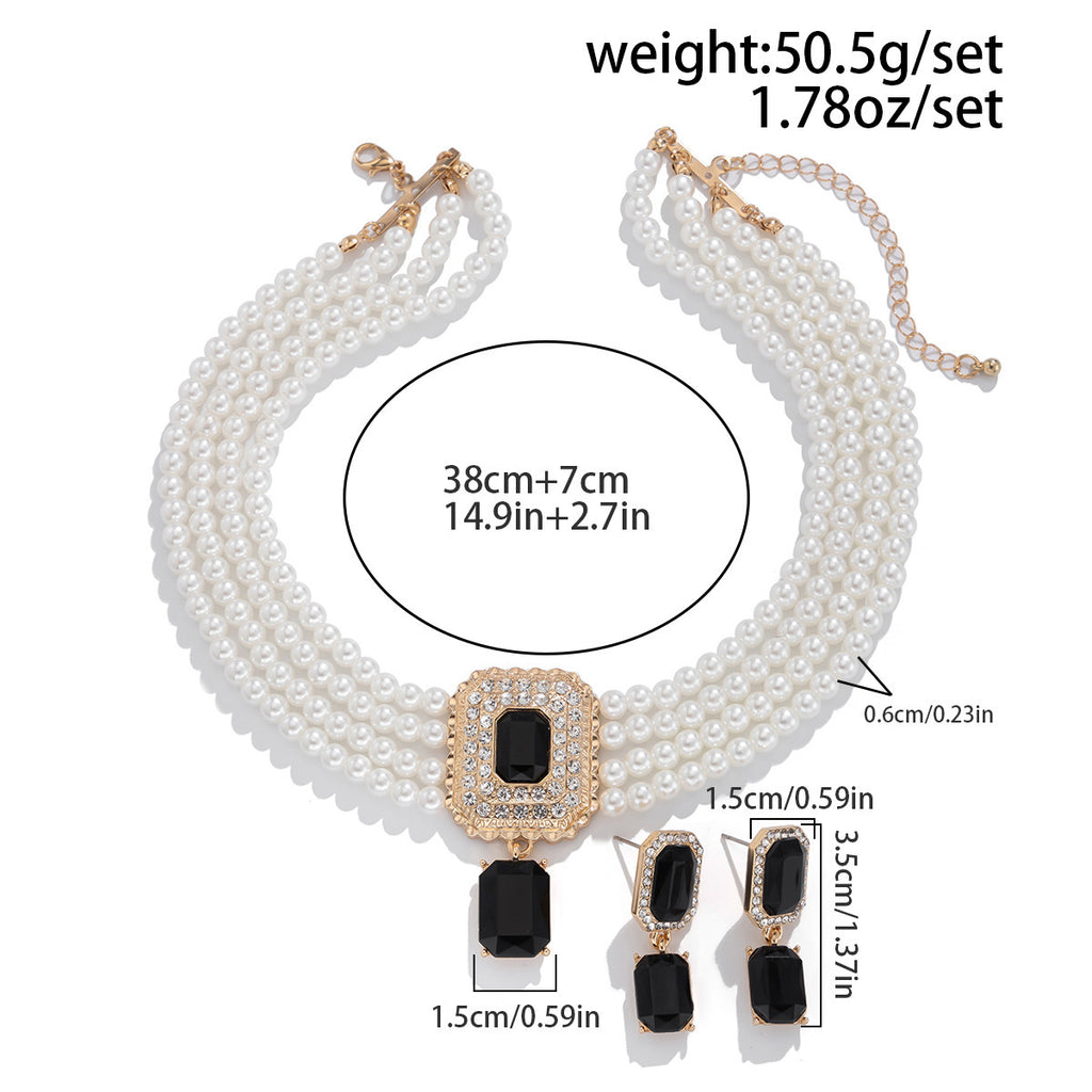 Cushion Black White 18K Gold Pearl CZ Choker Necklace Earring Set Bulk