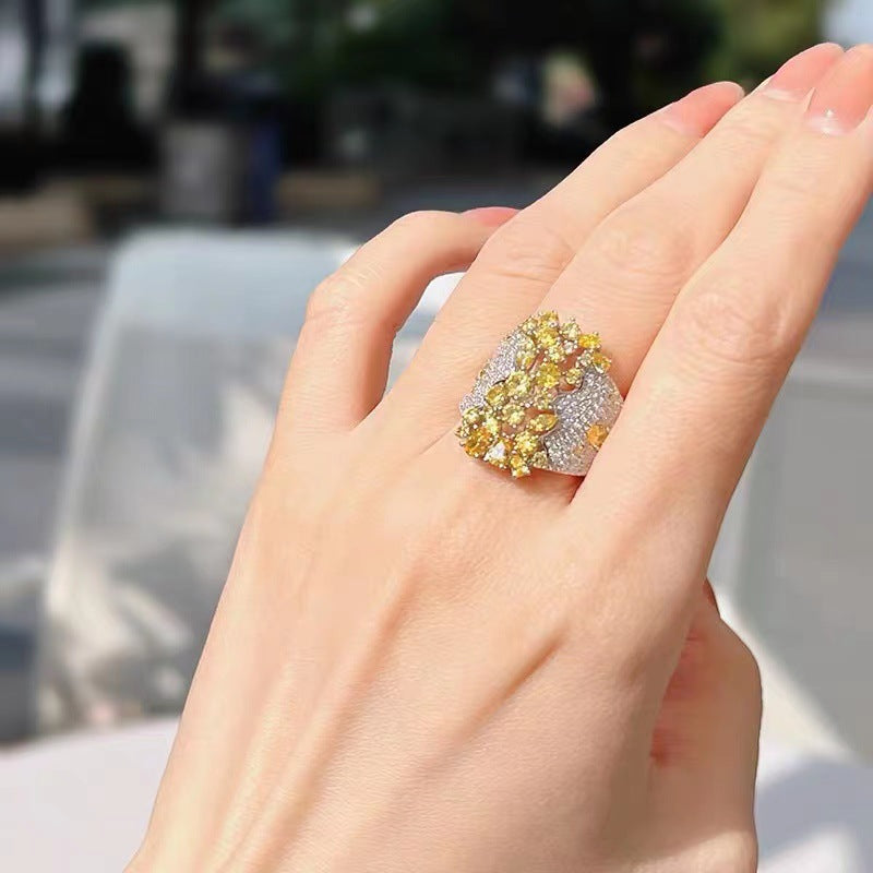 Luxury Gold Floral Cluster Yellow White CZ Copper Cocktail Ring Bulk