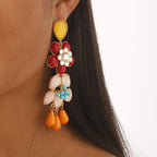 Multi Color Flower Teardrop Stones Gold Enamel Dangler Earrings Bulk