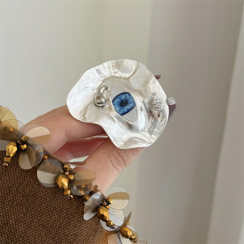 Beaten Finish Evil Eye Gold Blue Silver Adjustable Ring For Women Secondary image