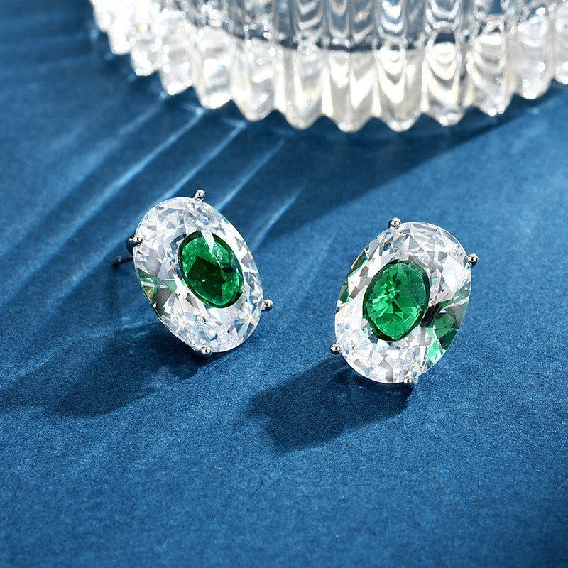 Luxury Emerald Green Oval CZ Silver Plated Copper Stud Earrings Bulk