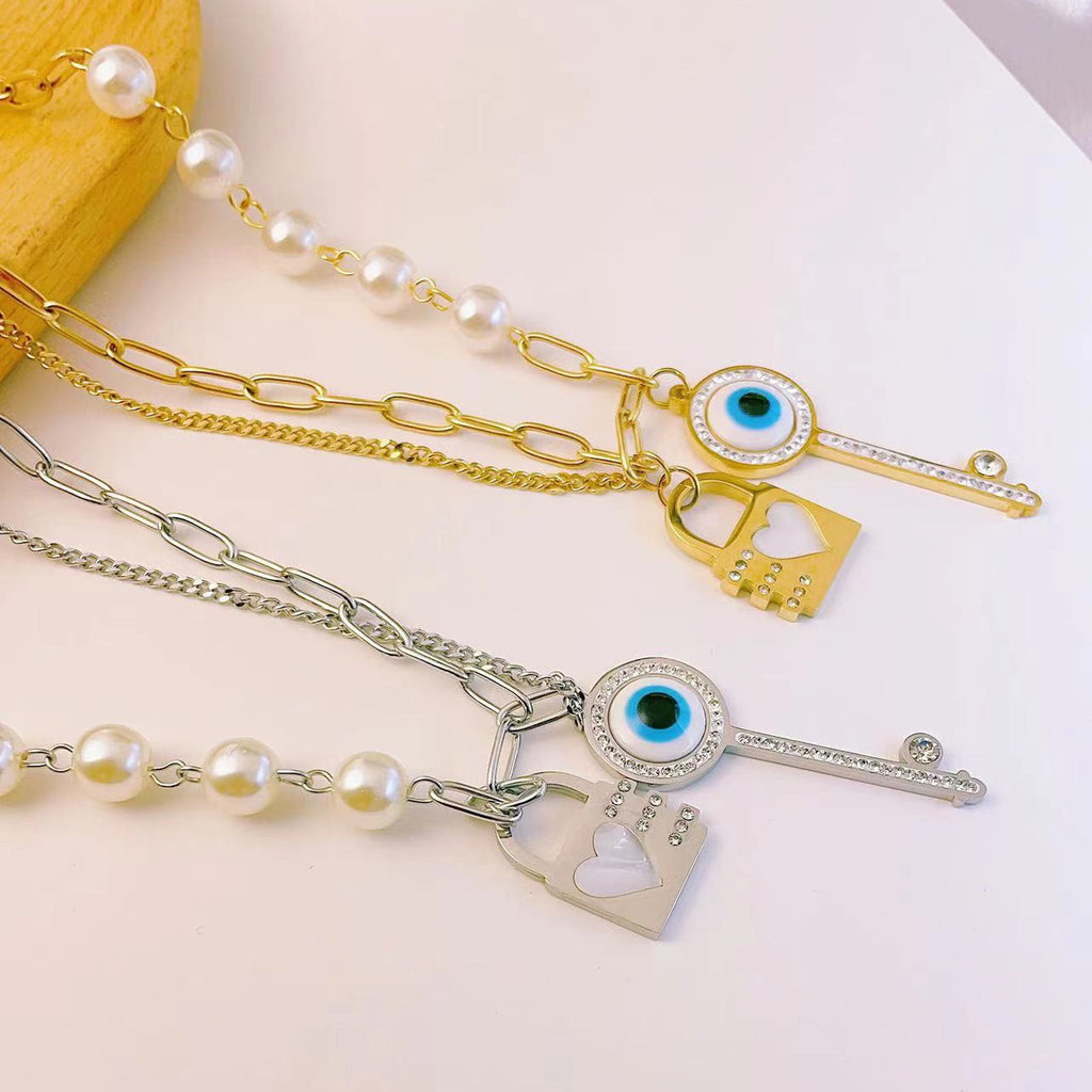 Heart Key Lock Evil Eye Pearl Gold Stainless Steel Necklace Chain Bulk