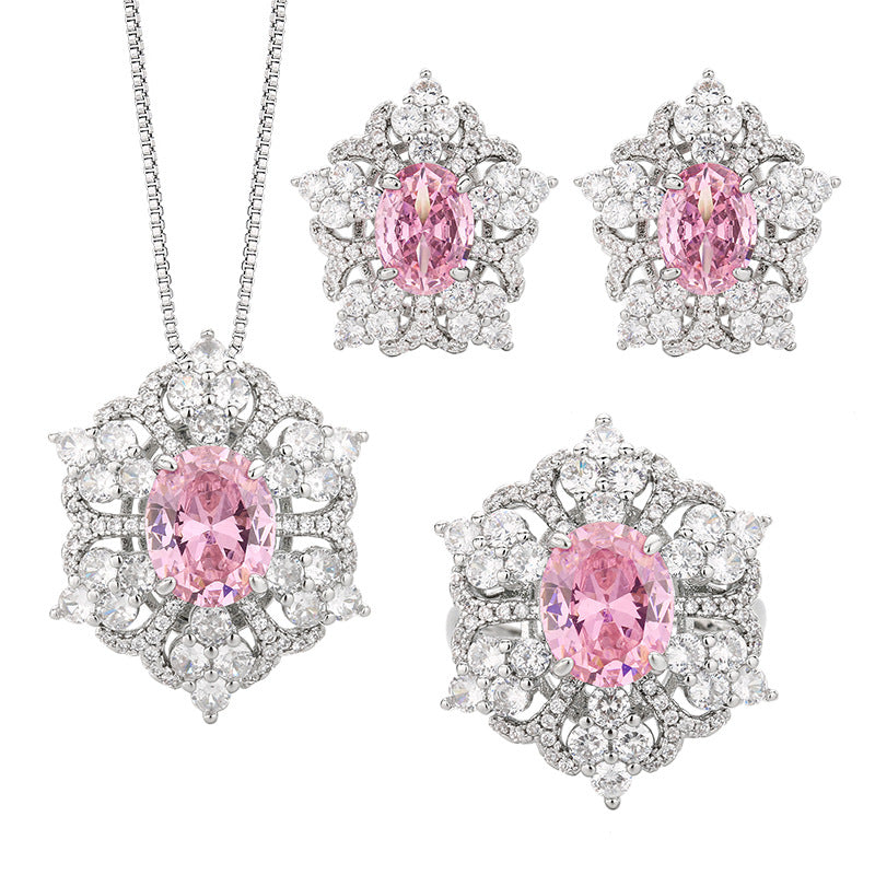 Flower Red Gemstone Silver CZ Necklace Earring Ring Set Bulk