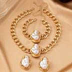 White Designer Baroque Chunky Chain Gold Pearl Necklace Combo Set Bulk