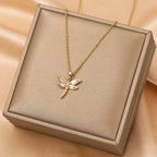 Dragonfly Cubic Zirconia 18K Gold Stainless Steel Anti Tarnish Necklace Pendant Chain For Women