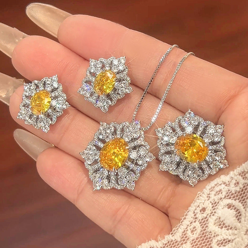 Flower Red Gemstone Silver CZ Necklace Earring Ring Set Bulk