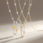 Celestial Safety Pin Style Rose Silver Gold CZ Copper Necklace Bulk