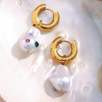 Pearl Multi Gemstone 18K Gold White Stainless Steel Anti Tarnish Hoop Dangler Earring For Women