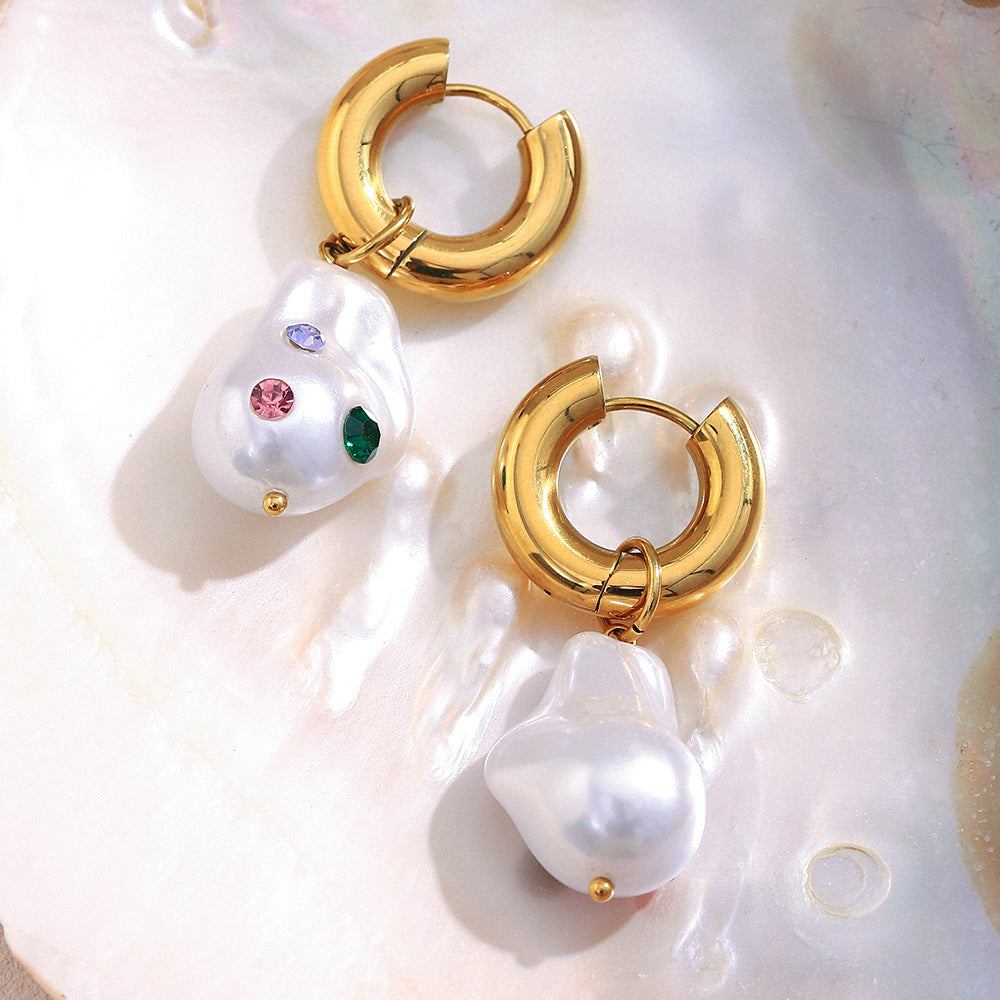 Pearl Multi Gemstone 18K Gold White Stainless Steel Anti Tarnish Hoop Dangler Earring For Women