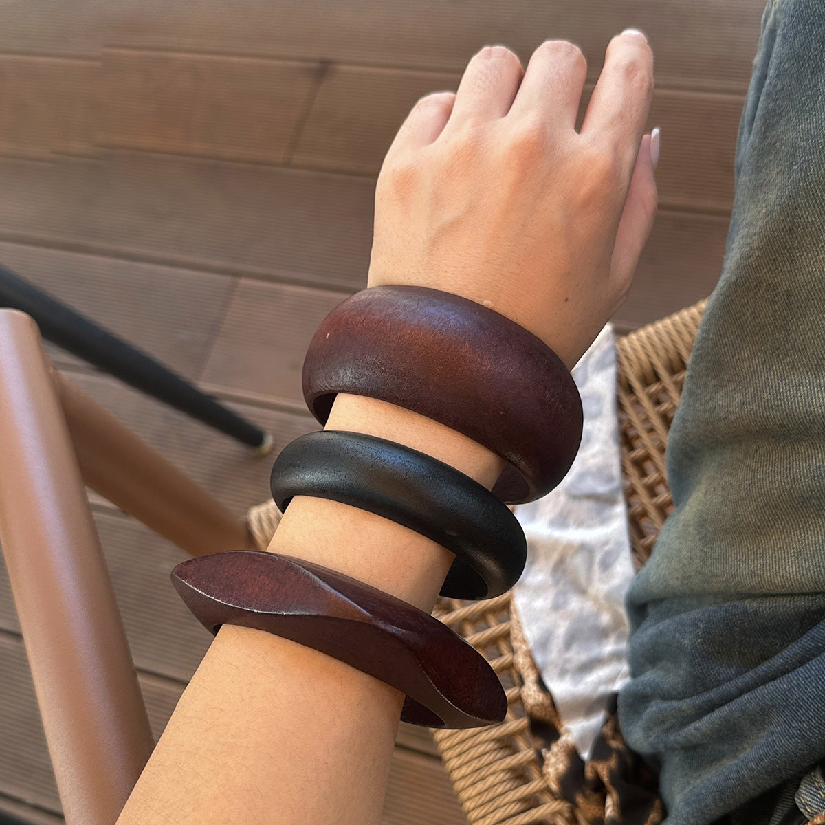 Round Wooden Black Brown Cuff Kada Bracelet For Women Bulk