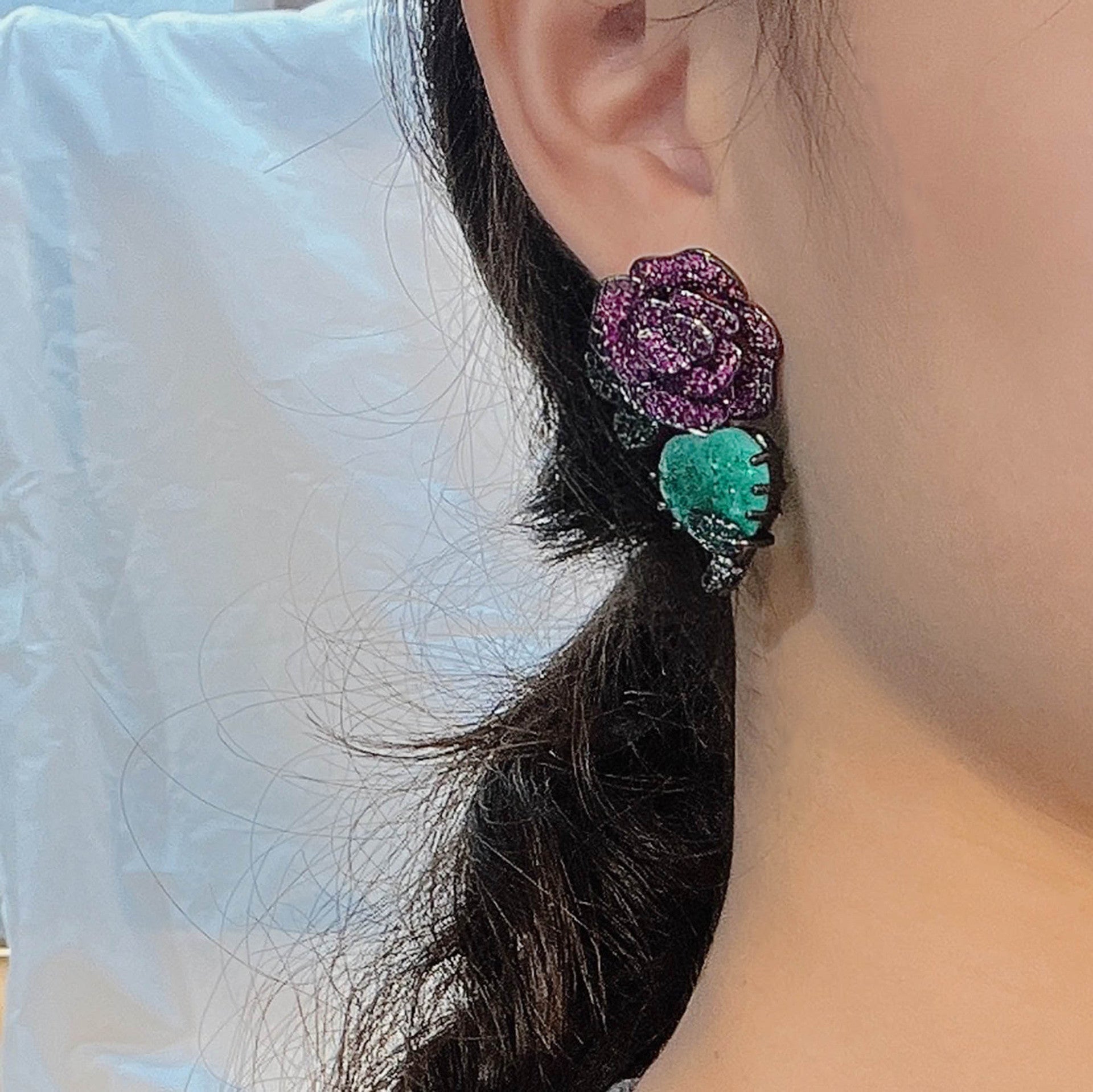 Flower Purple Green Black Anti Tarnish Necklace Chain Earring Set Bulk Secondary image