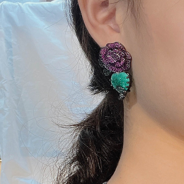 Flower Purple Green Black Anti Tarnish Necklace Chain Earring Set Bulk Secondary image
