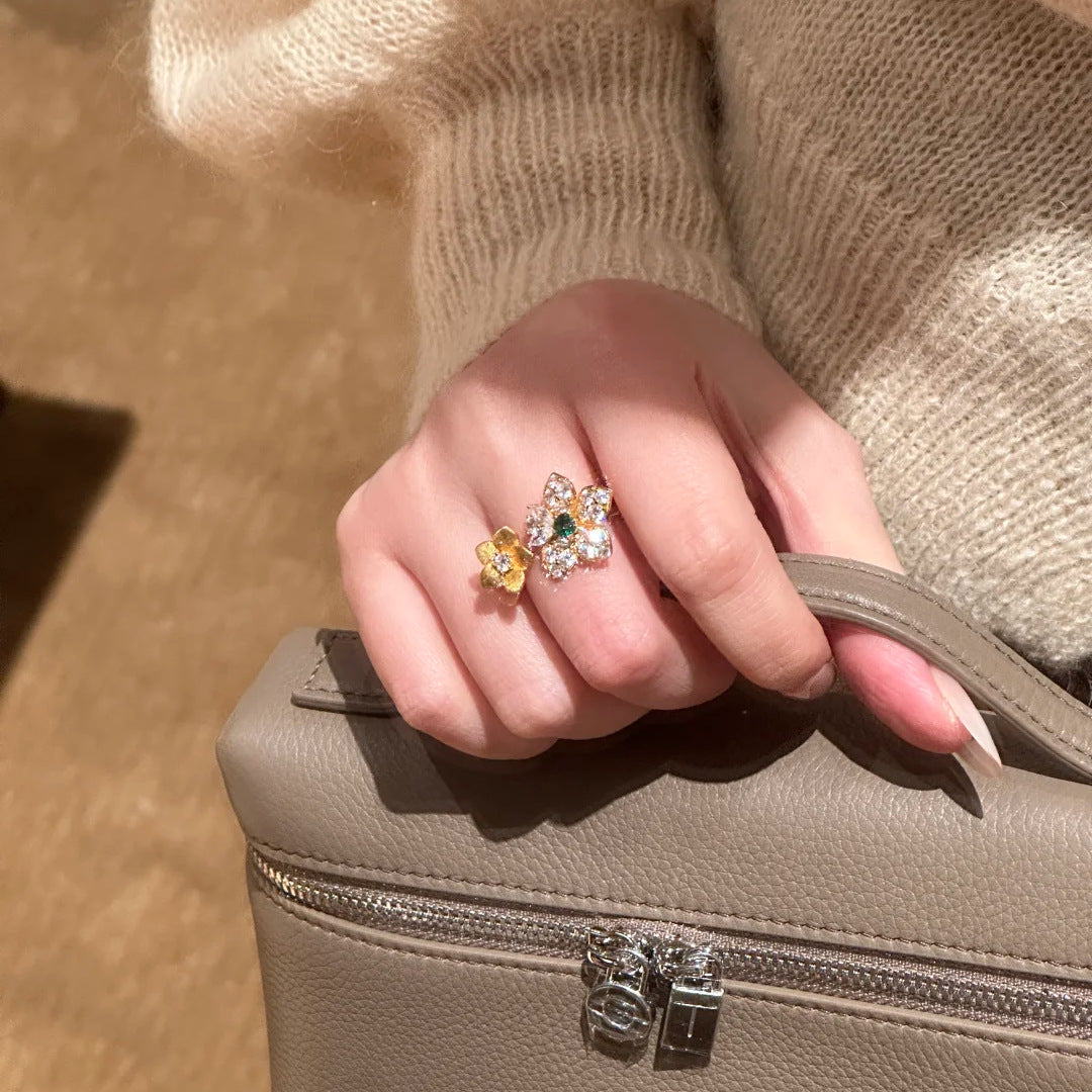 Gold Flower Cubic Zirconia Copper Anti Tarnish Adjustable Ring Women Bulk