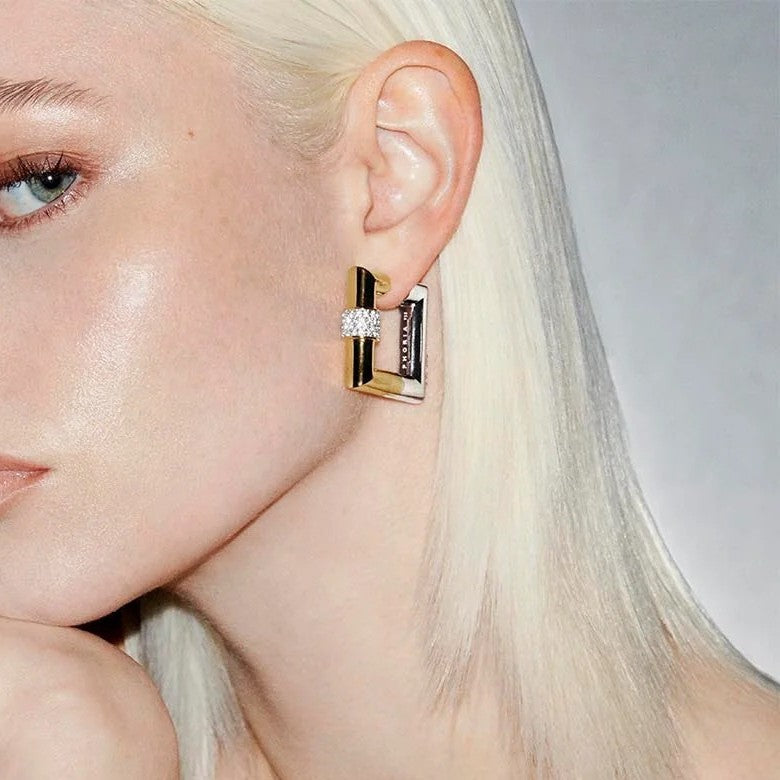 Elegant Dual Tone Square Gold Silver CZ Copper Hoop Earrings Wholesale Secondary image