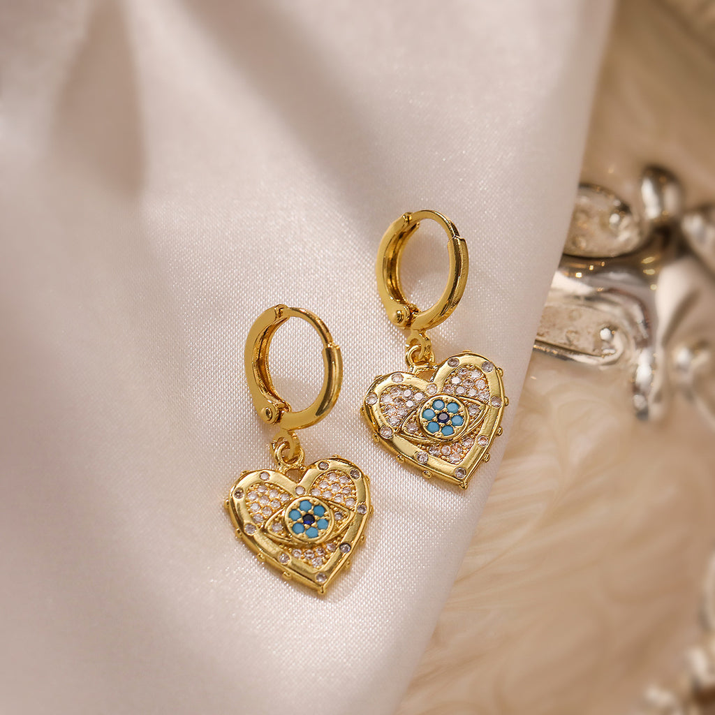 Heart Evil Eye 18K Gold CZ Anti Tarnish Pendant Chain Earring Set Bulk