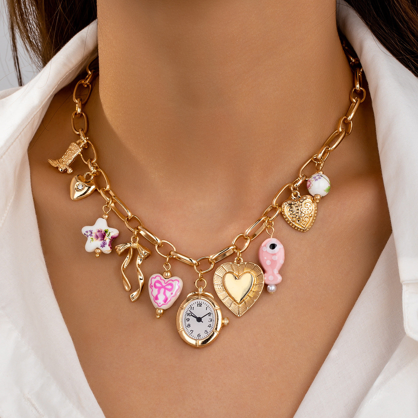 Luxury Vintage Pink & Blue Watch Charm Gold Plated Beads Necklace Bulk Secondary image