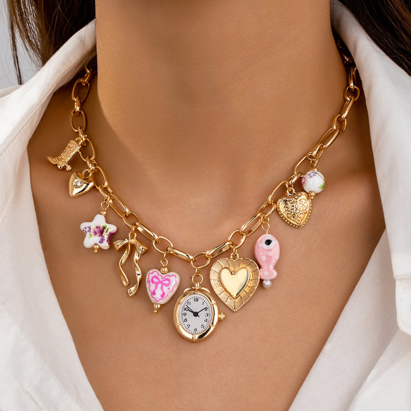Luxury Vintage Pink & Blue Watch Charm Gold Plated Beads Necklace Bulk Secondary image