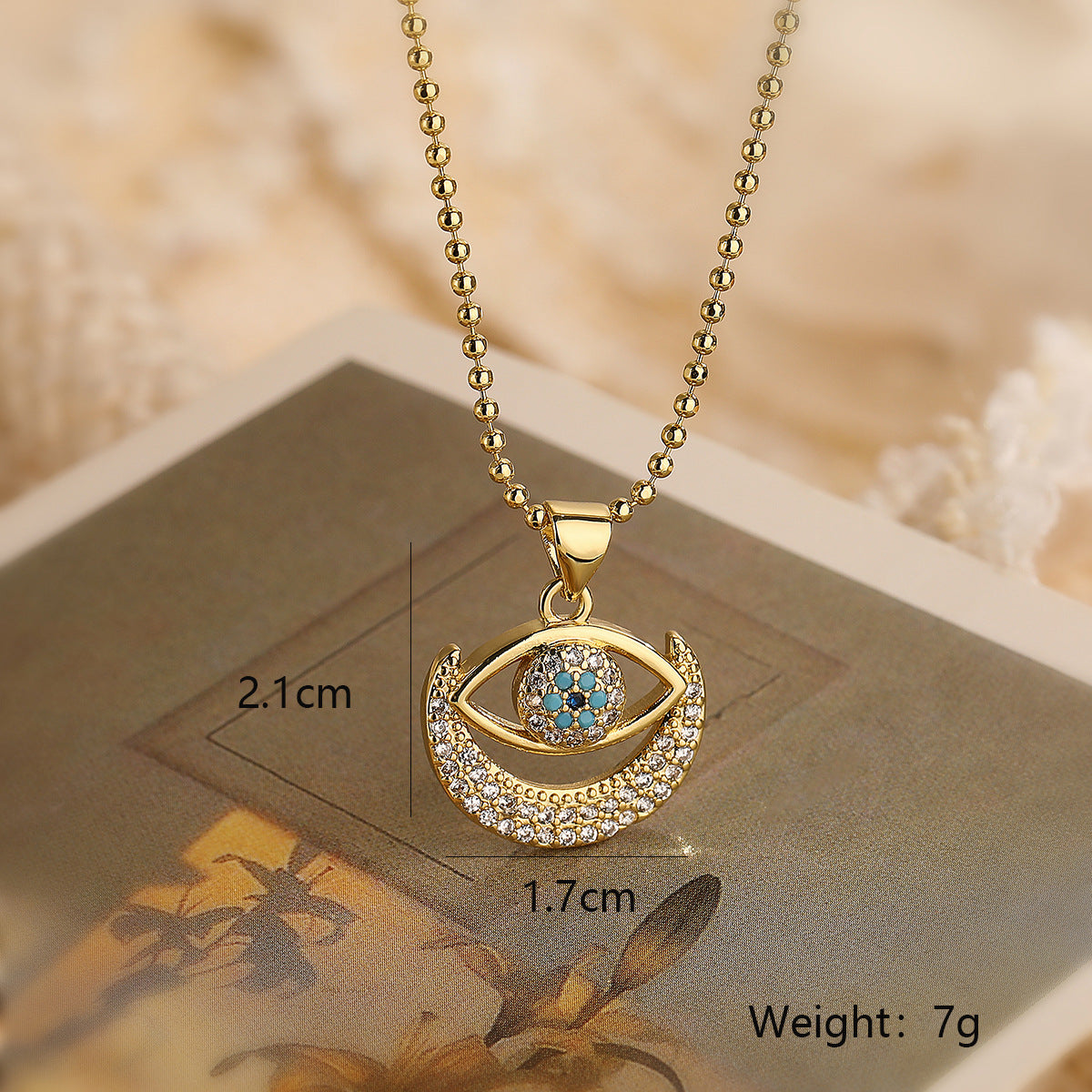 Moon Evil Eye 18K Gold CZ Anti Tarnish Pendant Chain Earring Set Bulk