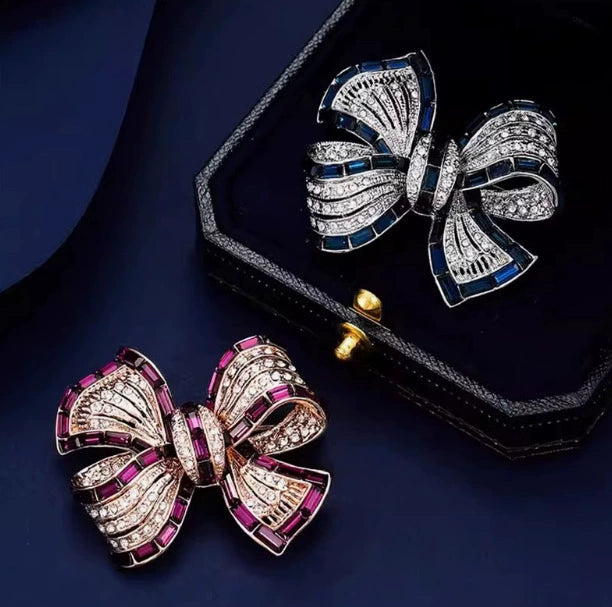 Bow Burgundy Baguette Rose Gold Silver CZ Enamel Copper Brooch Bulk
