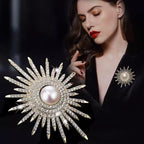 Designer Sunburst Gold Silver Plated CZ Pearl Alloy Brooch Wholesale