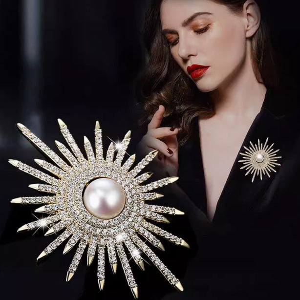 Designer Sunburst Gold Silver Plated CZ Pearl Alloy Brooch Wholesale