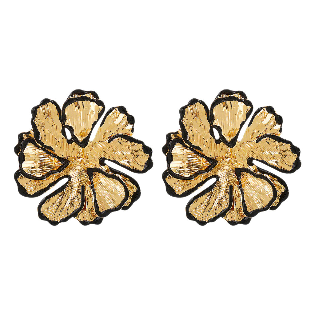 Beaten Finish Flower 18K Gold Black Stud Earring For Women Bulk