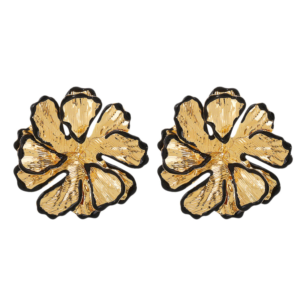 Beaten Finish Flower 18K Gold Black Stud Earring For Women Bulk