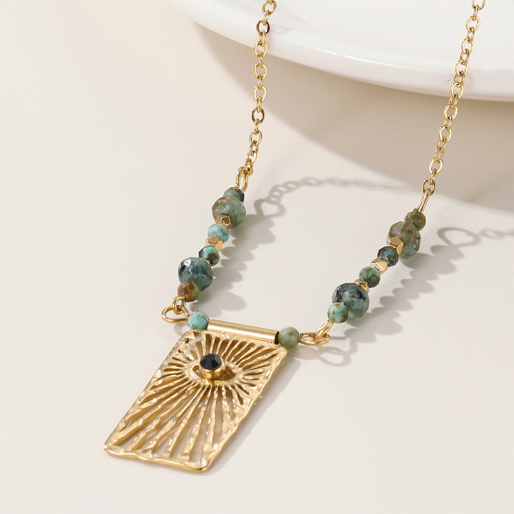 Designer Green Beads Gold Plated Sunburst Stainless Steel Necklace Bulk